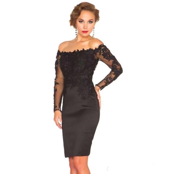 Mac Duggal Sheath Size 14 Black Fitted Knee Length Cocktail Dress Beading Sequin - Picture 1 of 14